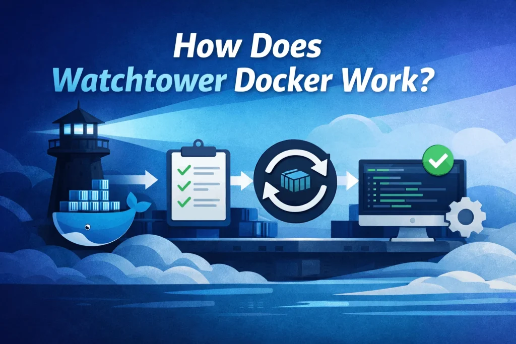 Visual representation of Watchtower Docker workflow updating containers automatically from image check to restart.