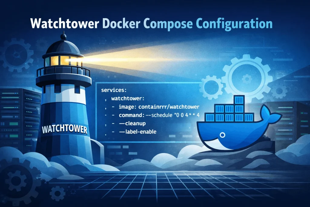 Watchtower Docker Compose configuration illustration showing automated container updates with Docker and YAML setup
