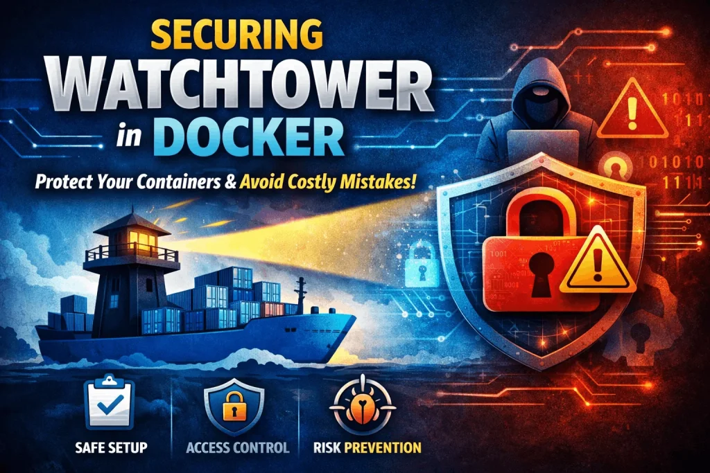 Watchtower Docker safety illustration showing container protection, risks, and secure setup with Docker ship, shield lock, and warning symbols