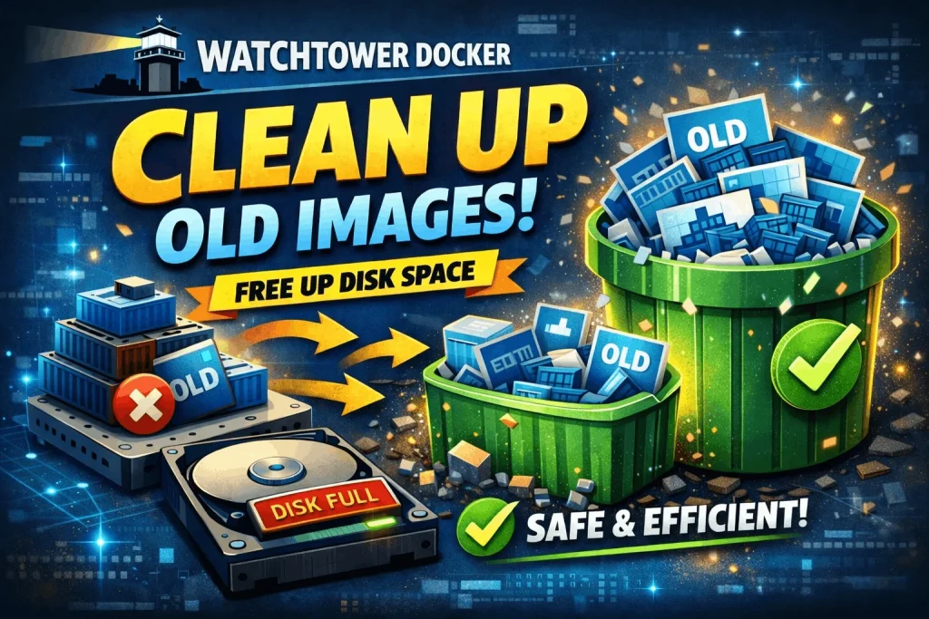 Watchtower Docker cleanup illustration showing old container images being removed to free disk space, with containers moving into a trash bin and a disk full warning turning into a clean, optimized system