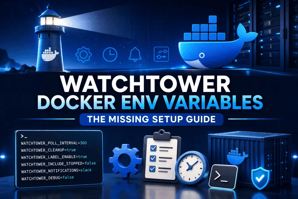 Watchtower environment variables setup guide showing container update control, scheduling, and automation settings