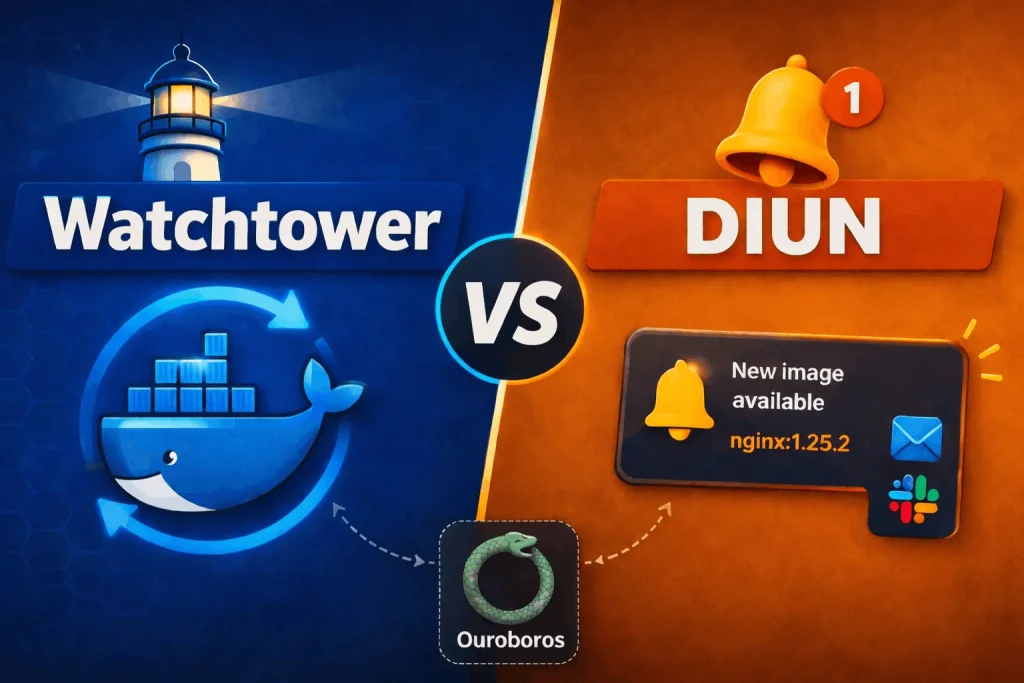Watchtower vs DIUN comparison image showing Docker Watchtower automatic updates and DIUN notification alerts in a split-screen design