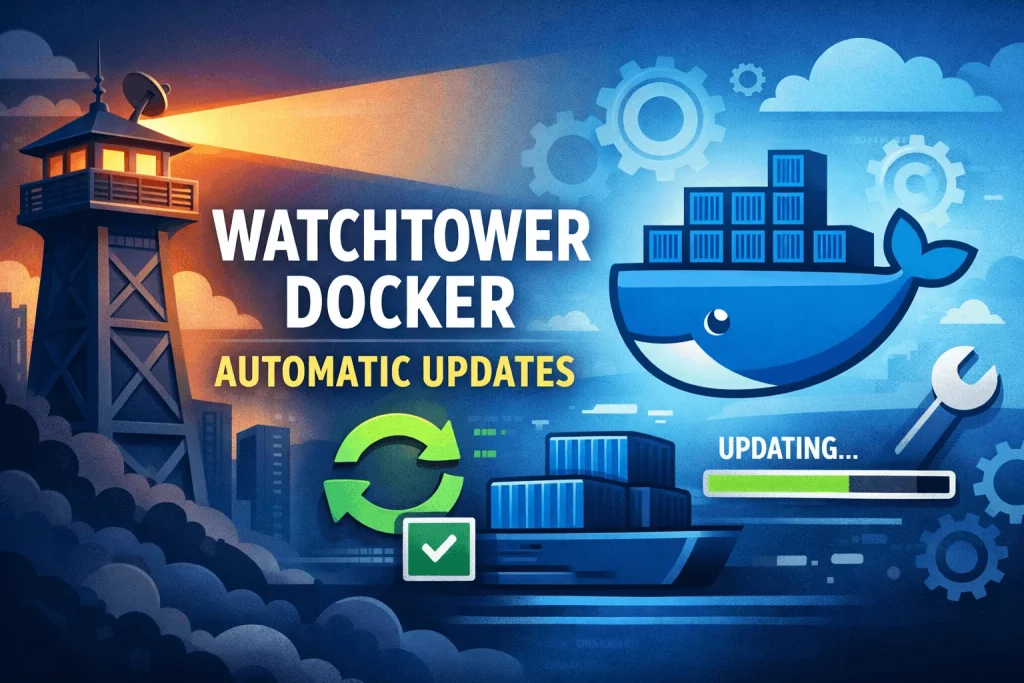 Watchtower docker automatic updates for auto updating Docker containers with monitoring and progress tracking.