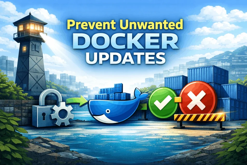 Docker Watchtower label enable illustration showing how to prevent unwanted container updates with include and exclude controls.