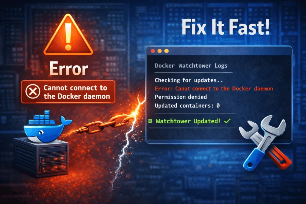 Watchtower not working error showing cannot connect to Docker daemon with logs screen and fix tools illustration